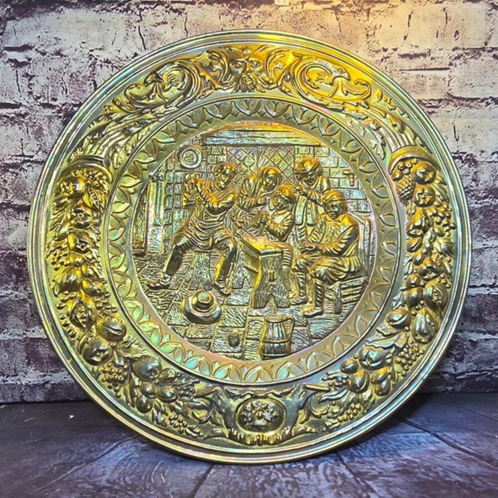 Vintage Embosse Round Platter Pub tavern Scene Tin Wall Decor